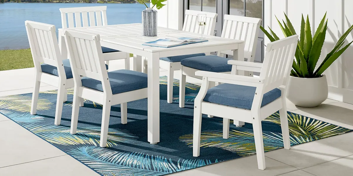 Eastlake White 7 Pc 71 in. Rectangle Outdoor Dining Set with Blueberry Cushions