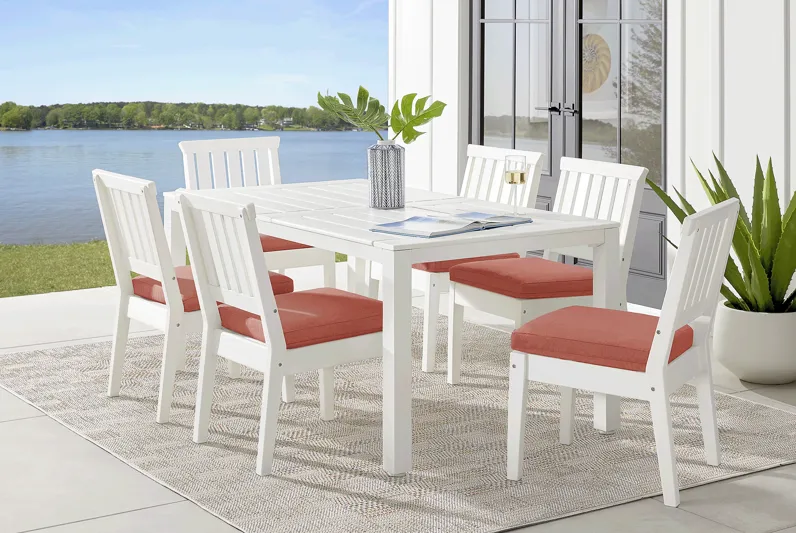Eastlake White 7 Pc 71 in. Rectangle Outdoor Dining Set with Persimmon Cushions