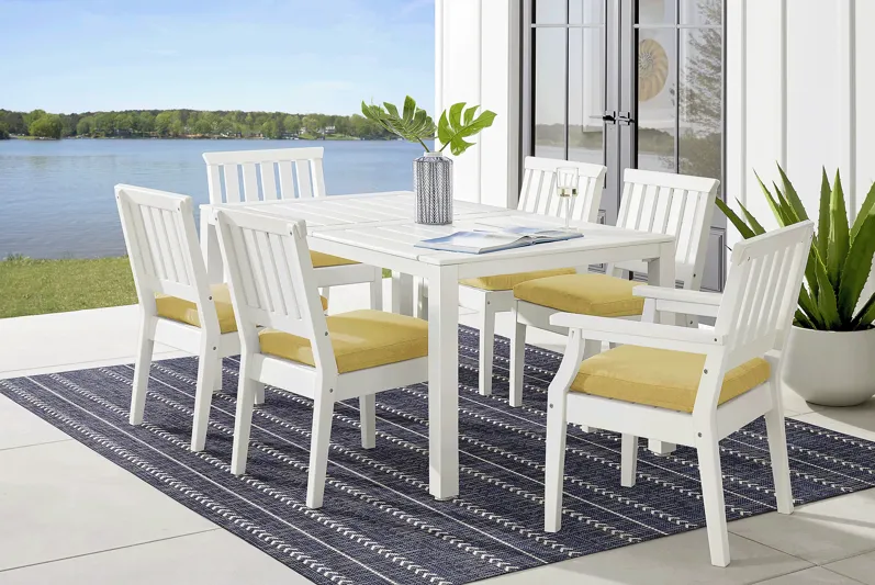 Eastlake White 7 Pc 71 in. Rectangle Outdoor Dining Set with Buttercup Cushions
