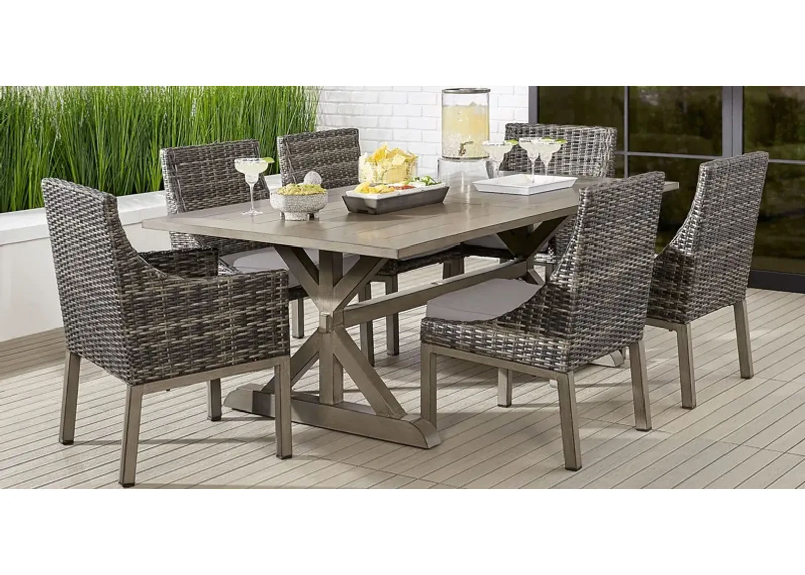 Montecello Gray 7 Pc 84 in. Rectangle Outdoor Dining Set with Silver Cushions