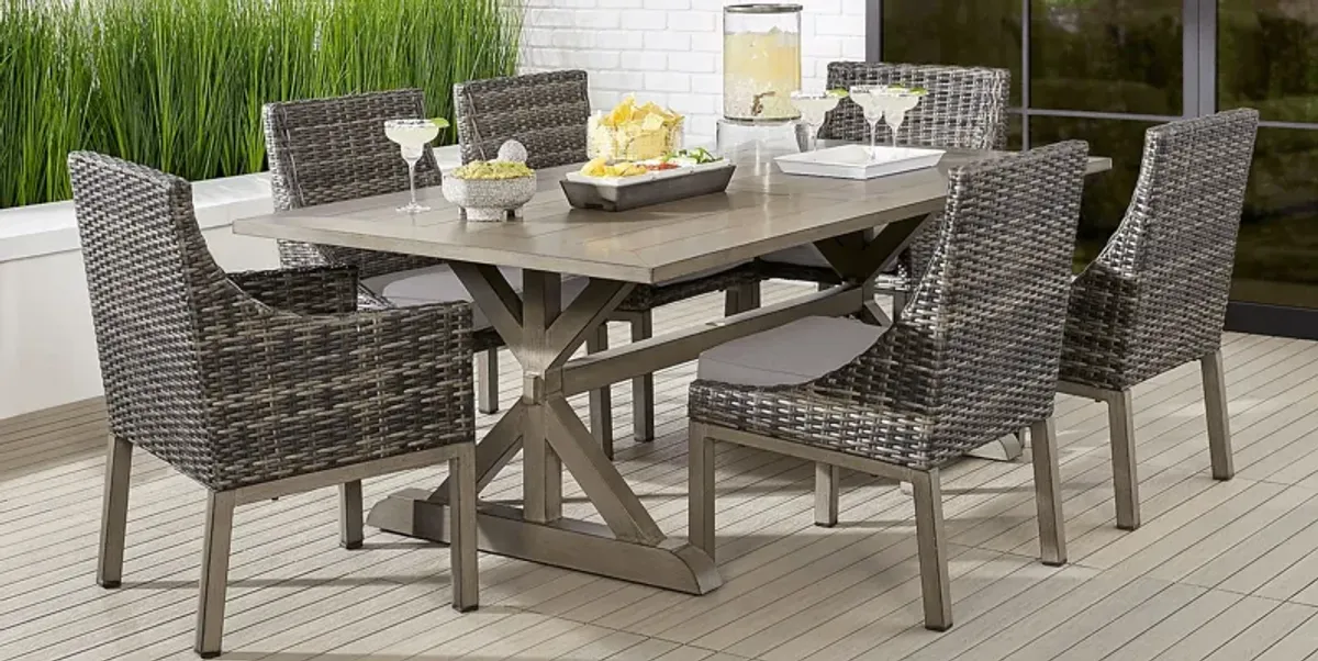 Montecello Gray 7 Pc 84 in. Rectangle Outdoor Dining Set with Silver Cushions