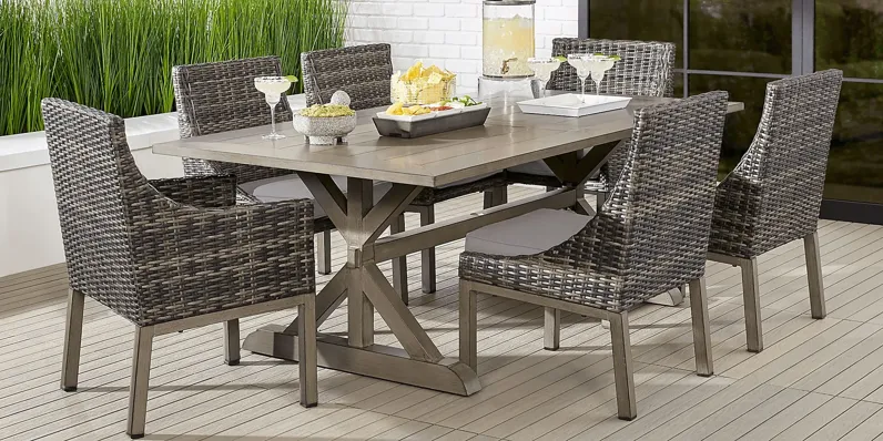 Montecello Gray 7 Pc 84 in. Rectangle Outdoor Dining Set with Silver Cushions