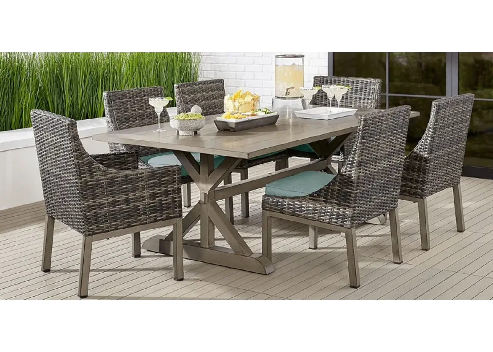 Montecello Gray 7 Pc 84 in. Rectangle Outdoor Dining Set with Mist Cushions