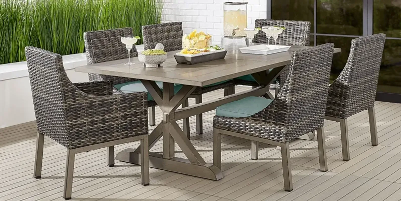 Montecello Gray 7 Pc 84 in. Rectangle Outdoor Dining Set with Mist Cushions