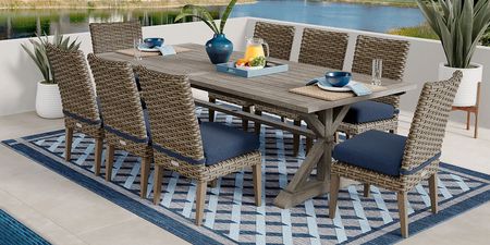 Siesta Key Gray 9 Pc Rectangle Outdoor Dining Set with Indigo Cushions