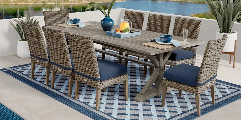 Siesta Key Gray 9 Pc Rectangle Outdoor Dining Set with Indigo Cushions