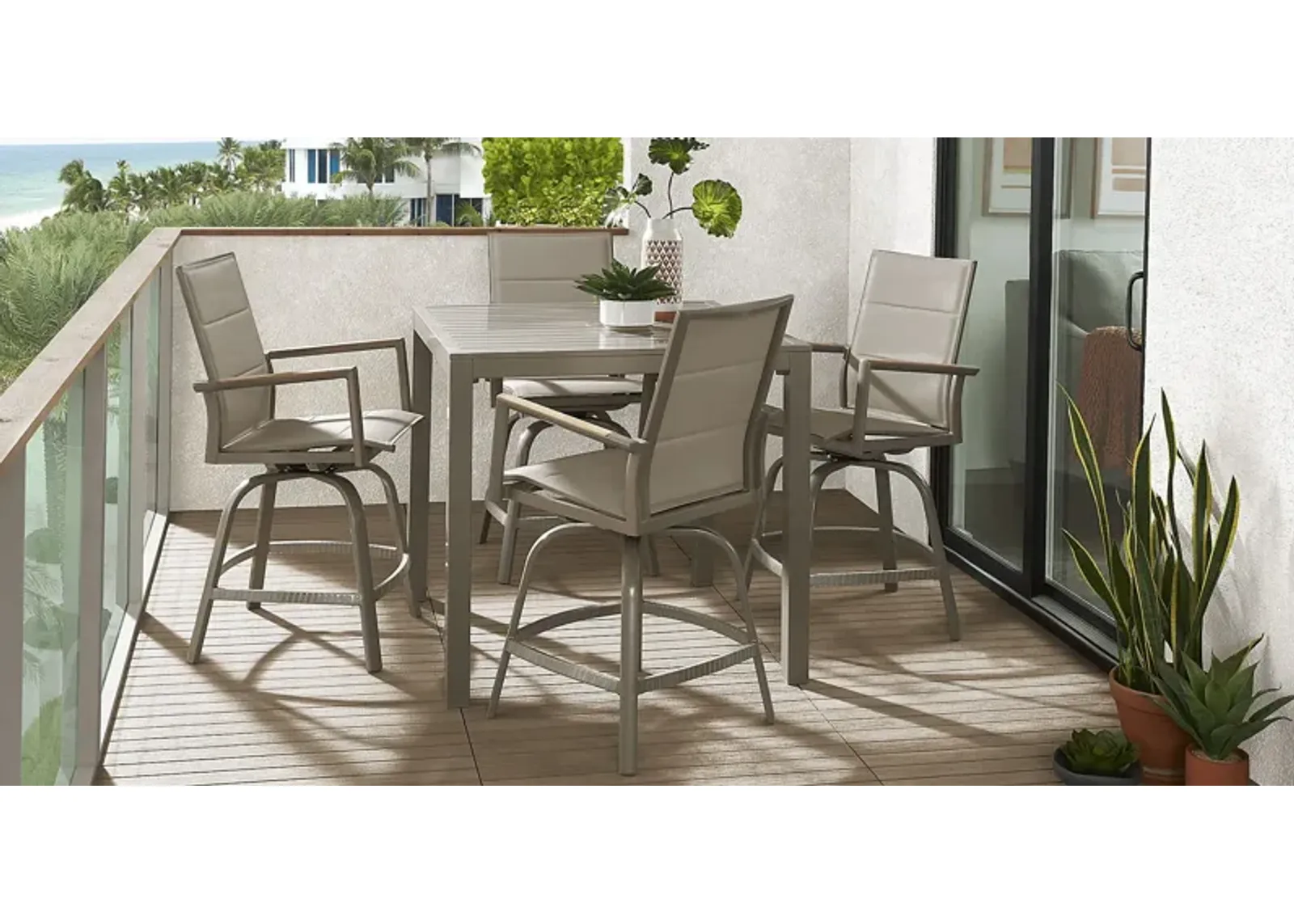 Solana Taupe 5 Pc Outdoor Balcony Dining Set with Swivel Stools