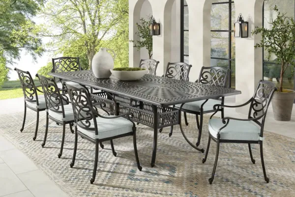 Carina Bronze 9 Pc 87-112 in. Rectangle Extension Outdoor Dining Set with Sky Cushions