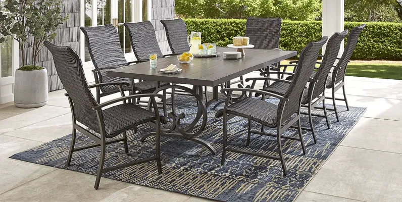 Lake Breeze Aged Bronze 9 Pc Outdoor 90 in. Rectangle Dining Set with Wicker Chairs