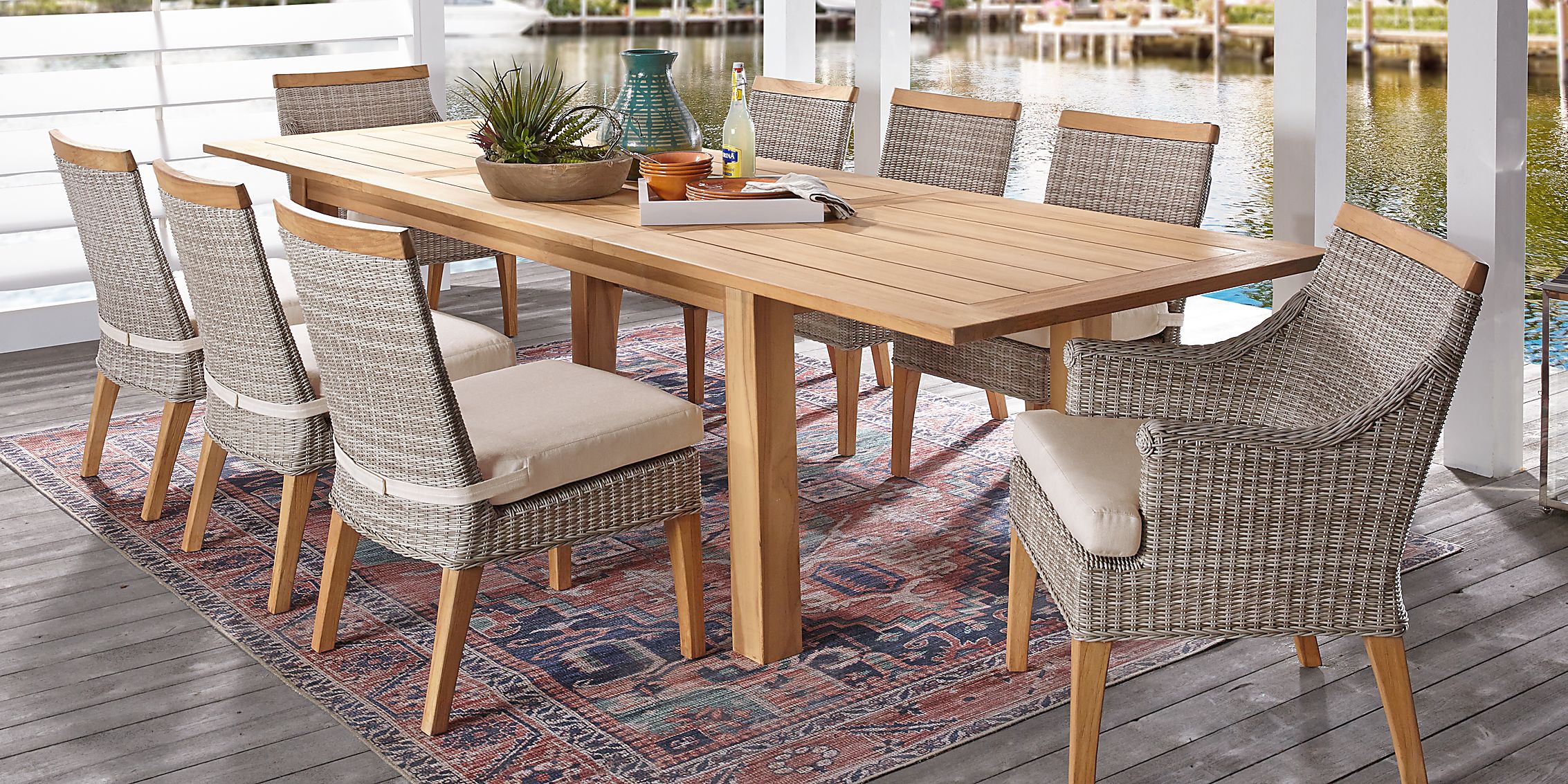 Hamptons Cove Teak 9 Pc Rectangle Outdoor Dining Set with Flax Cushions