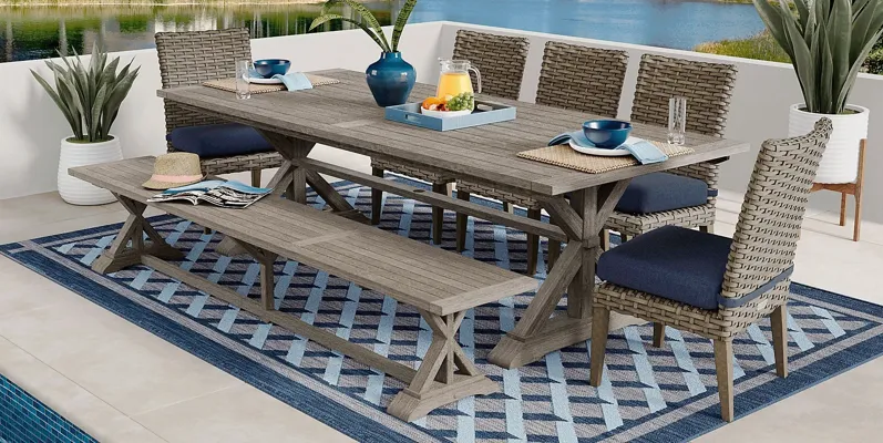 Siesta Key Gray 7 Pc Rectangle Outdoor Dining Set with Indigo Cushions and Bench