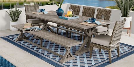 Siesta Key Gray 7 Pc Rectangle Outdoor Dining Set with Twine Cushions and Bench