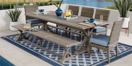 Siesta Key Gray 7 Pc Rectangle Outdoor Dining Set with Steel Cushions and Bench