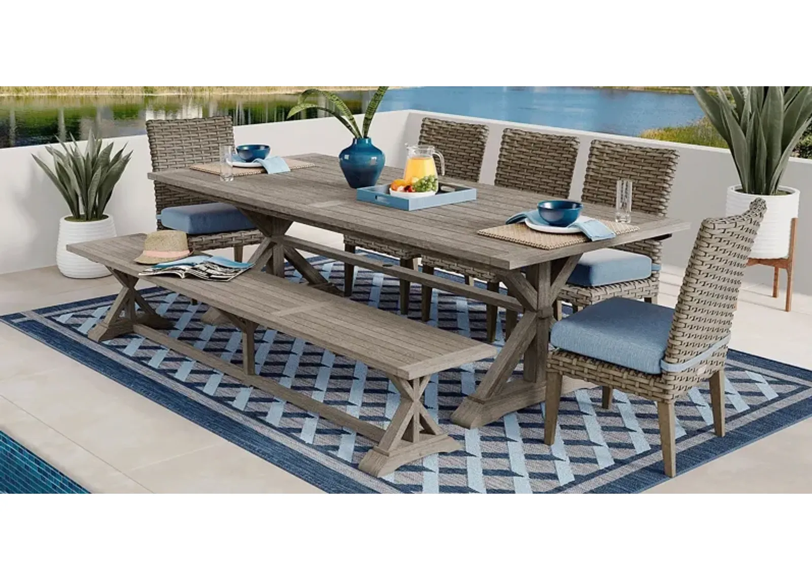 Siesta Key Gray 7 Pc Rectangle Outdoor Dining Set with Steel Cushions and Bench