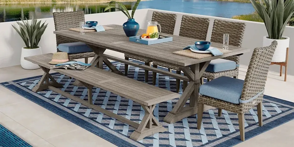 Siesta Key Gray 7 Pc Rectangle Outdoor Dining Set with Steel Cushions and Bench