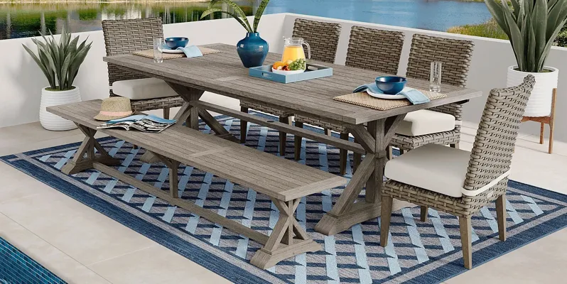 Siesta Key Gray 7 Pc Rectangle Outdoor Dining Set with Linen Cushions and Bench