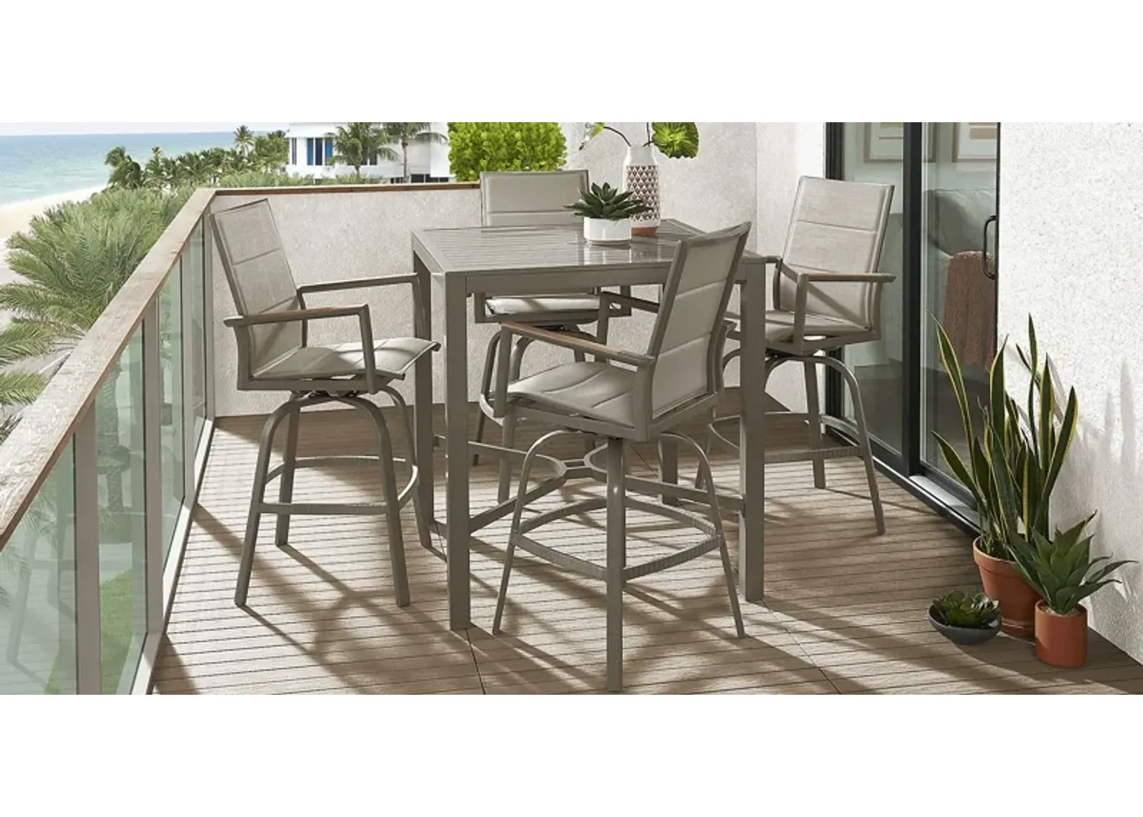 Solana Taupe 5 Pc Outdoor Bar Height Dining Set with Swivel Barstools