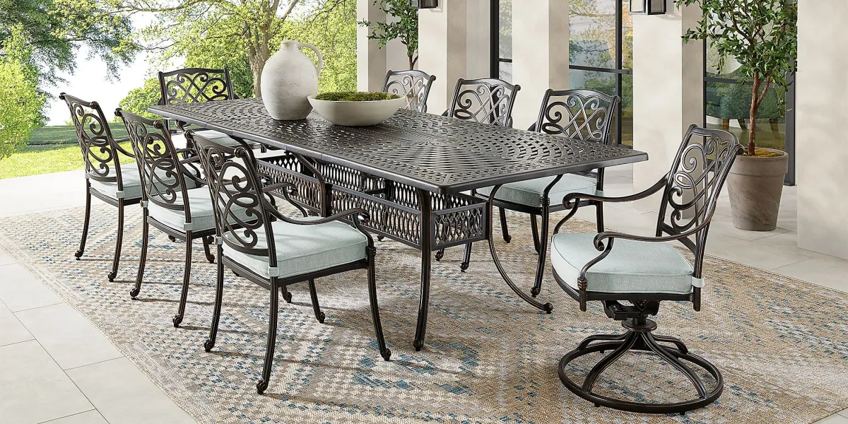 Carina Bronze 9 Pc 87-112 in. Rectangle Extension Outdoor Dining Set with Sky Cushions