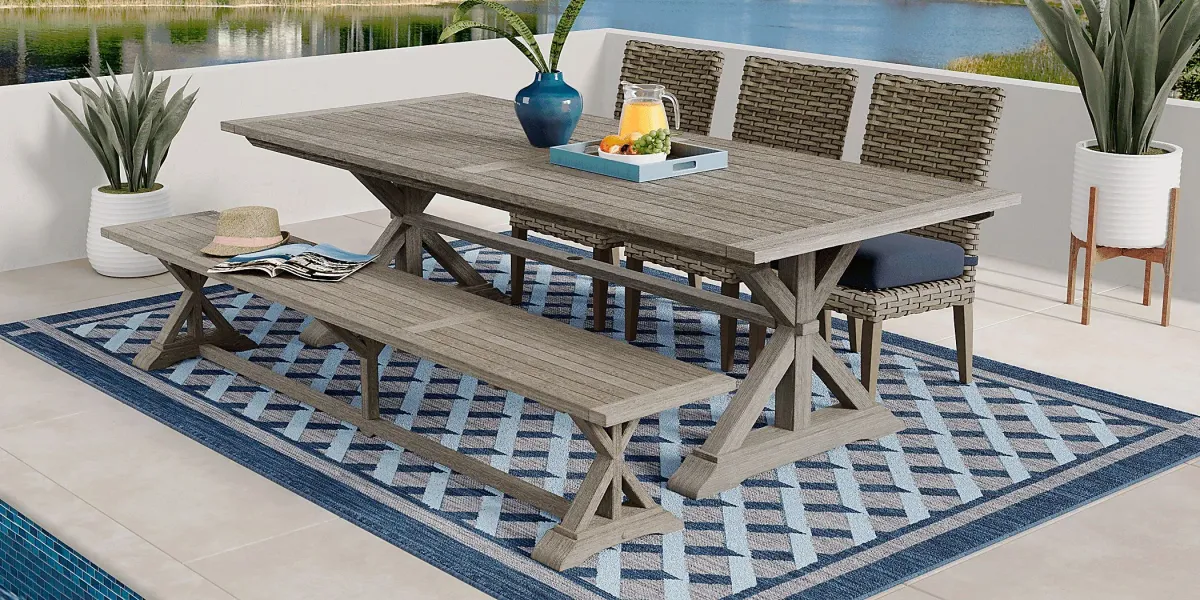 Siesta Key Gray 5 Pc Rectangle Outdoor Dining Set with Indigo Cushions and Bench