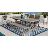Siesta Key Gray 5 Pc Rectangle Outdoor Dining Set with Indigo Cushions and Bench