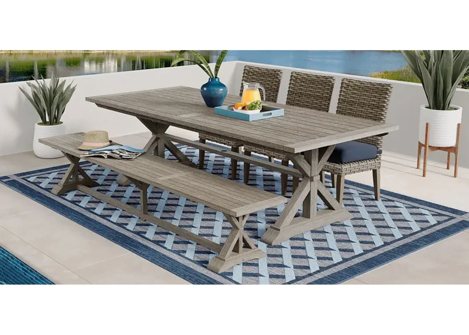 Siesta Key Gray 5 Pc Rectangle Outdoor Dining Set with Indigo Cushions and Bench