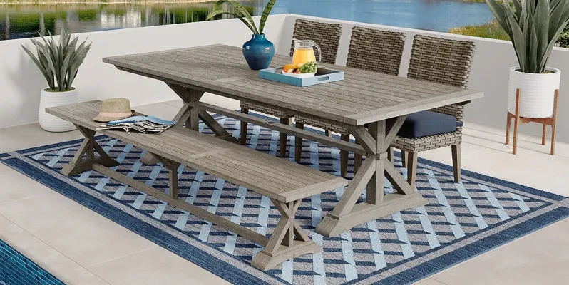 Siesta Key Gray 5 Pc Rectangle Outdoor Dining Set with Indigo Cushions and Bench