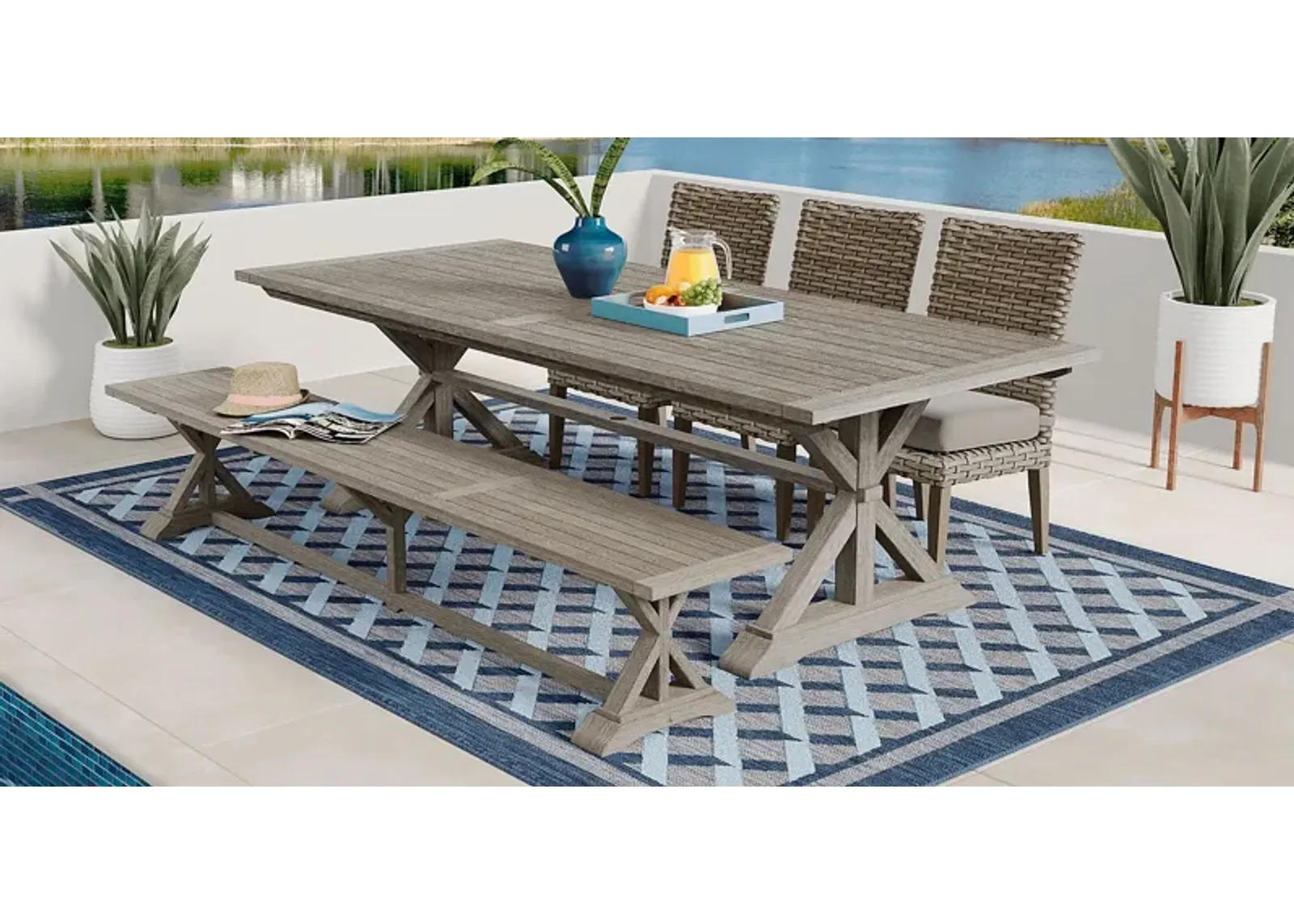 Siesta Key Gray 5 Pc Rectangle Outdoor Dining Set with Twine Cushions and Bench