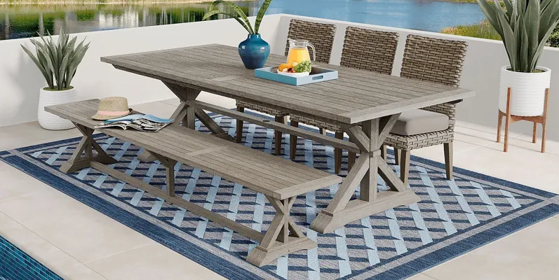 Siesta Key Gray 5 Pc Rectangle Outdoor Dining Set with Twine Cushions and Bench