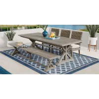 Siesta Key Gray 5 Pc Rectangle Outdoor Dining Set with Linen Cushions and Bench