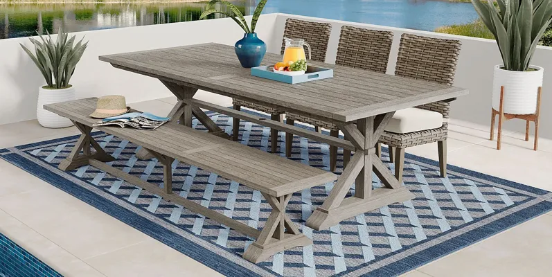 Siesta Key Gray 5 Pc Rectangle Outdoor Dining Set with Linen Cushions and Bench