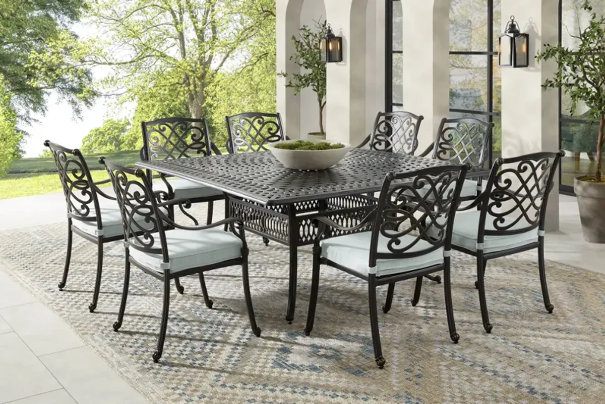 Carina Bronze 9 Pc Square Outdoor Dining Set with Sky Cushions