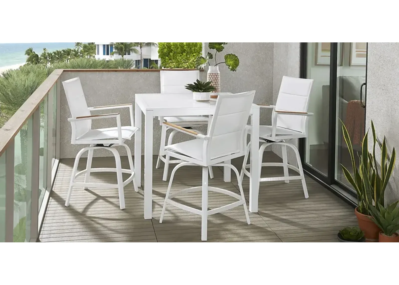 Solana White 5 Pc Outdoor Balcony Dining Set with Swivel Stools