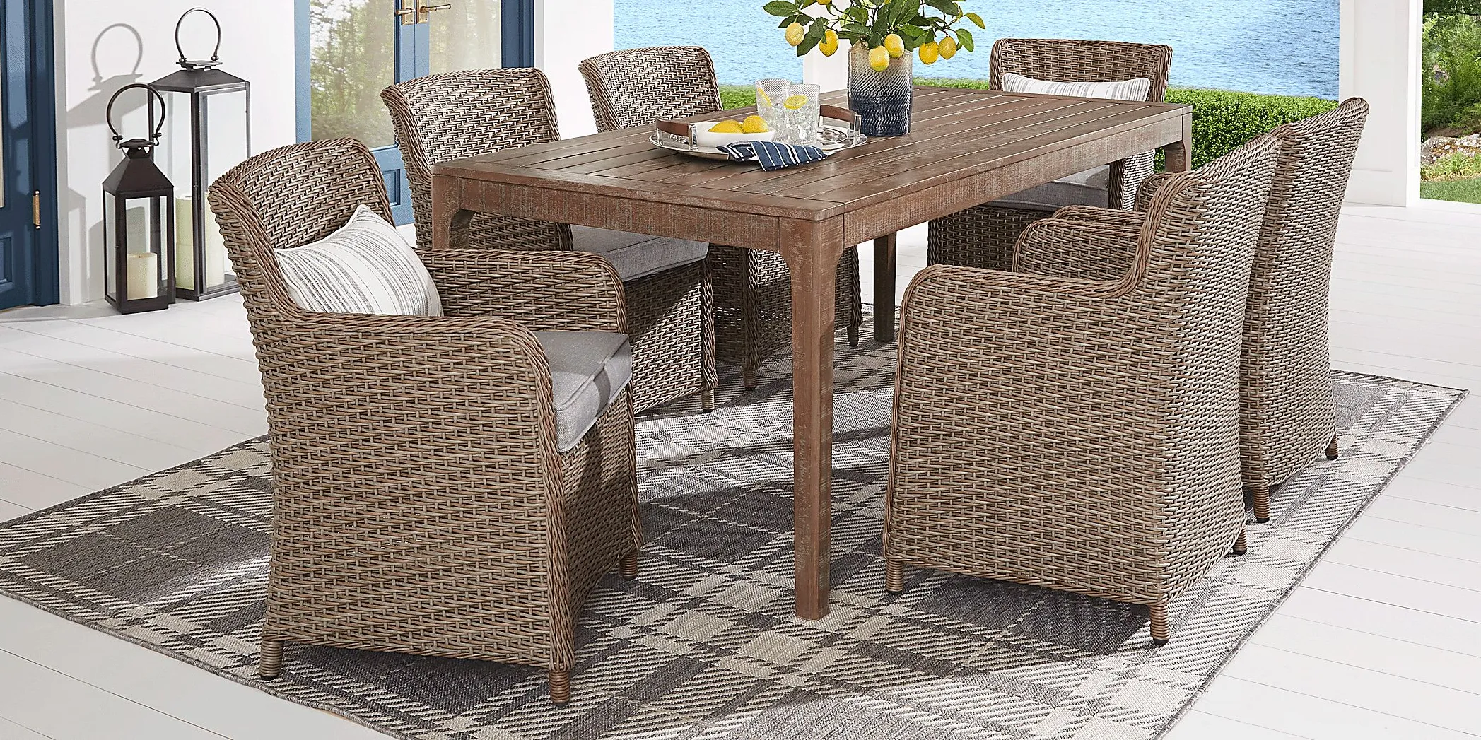 Ridgecrest Natural 7 Pc Rectangle Outdoor Dining Set With Slate Cushions