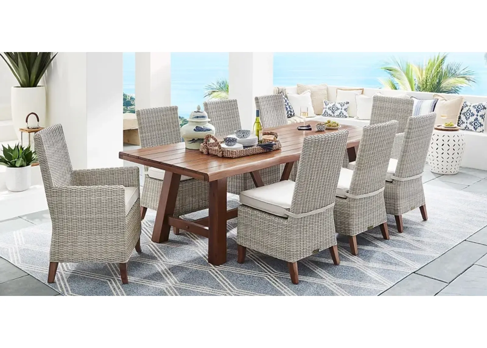 Patmos Tan 7 Pc 102 in. Rectangle Outdoor Dining Set With Linen Cushions