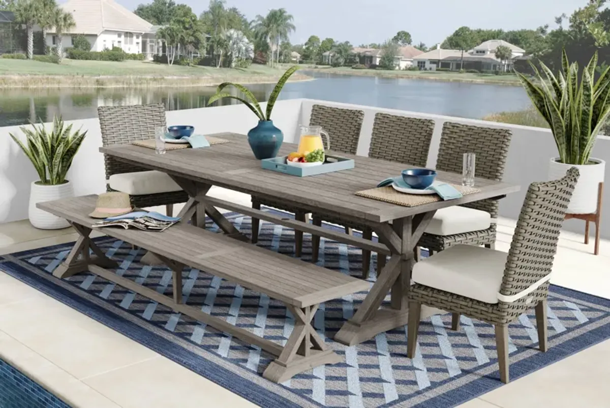 Siesta Key Gray 7 Pc Outdoor Dining Set with Desert Cushions and Bench