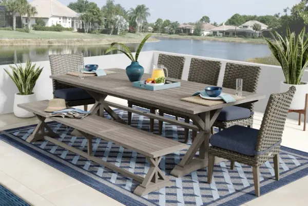 Siesta Key Gray 7 Pc Outdoor Dining Set with Ink Cushions and Bench
