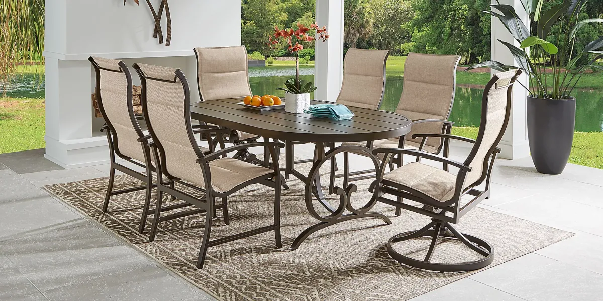 Bermuda Breeze Aged Bronze 7 Pc Outdoor 78 in. Oval Dining Set with Sling Chairs