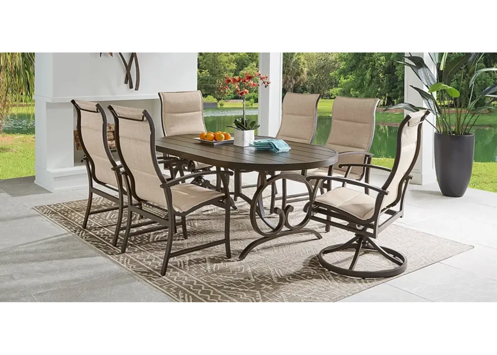 Bermuda Breeze Aged Bronze 7 Pc Outdoor 78 in. Oval Dining Set with Sling Chairs