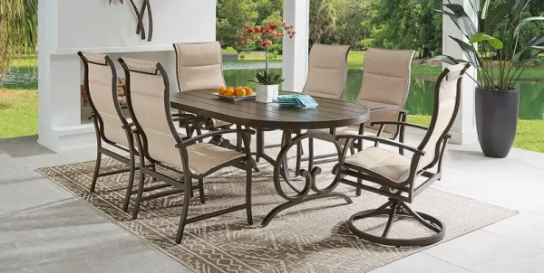 Lake Breeze Aged Bronze 7 Pc Outdoor 78 in. Oval Dining Set with Sling Chairs