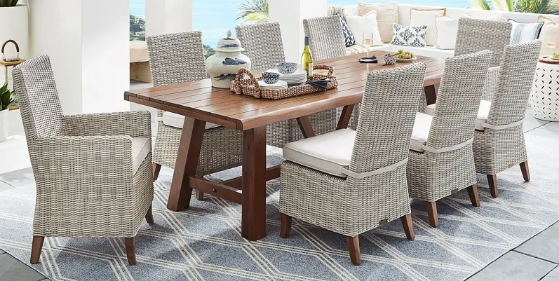 Patmos Tan 9 Pc 102 in. Rectangle Outdoor Dining Set With Linen Cushions