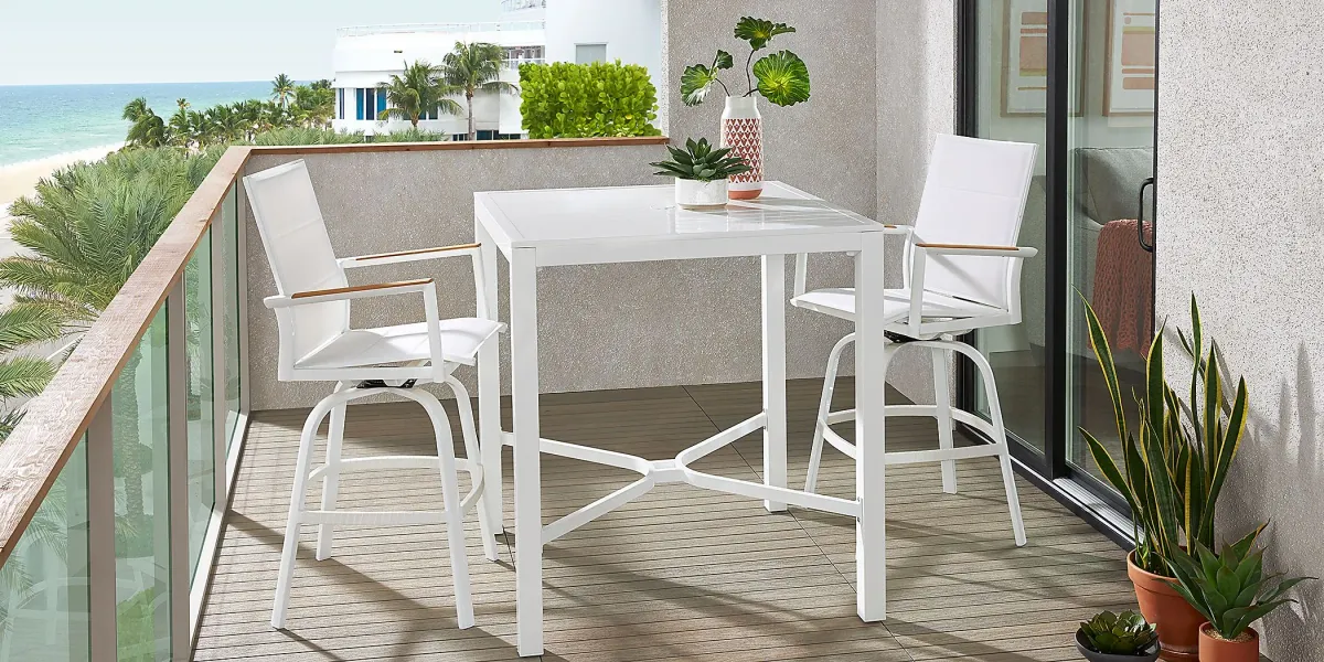 Solana White 3 Pc Outdoor Bar Height Dining Set with Swivel Stools