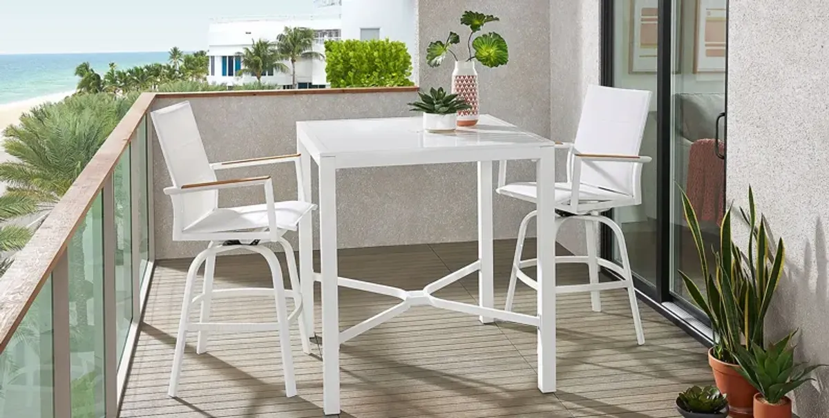 Solana White 3 Pc Outdoor Bar Height Dining Set with Swivel Stools