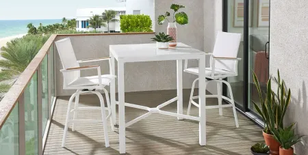 Solana White 3 Pc Outdoor Bar Height Dining Set with Swivel Stools