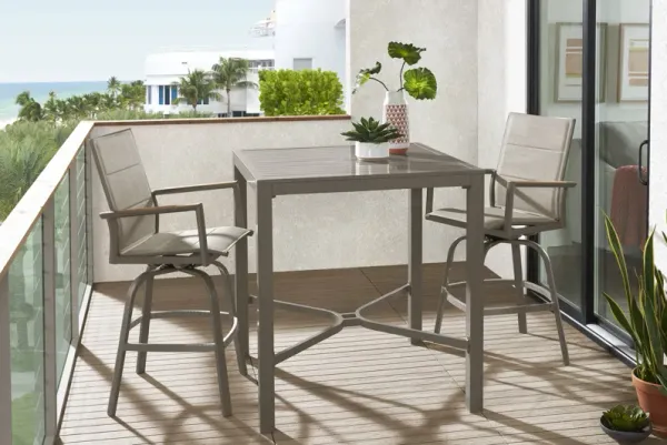 Solana Taupe 3 Pc Outdoor Bar Height Dining Set with Swivel Stools