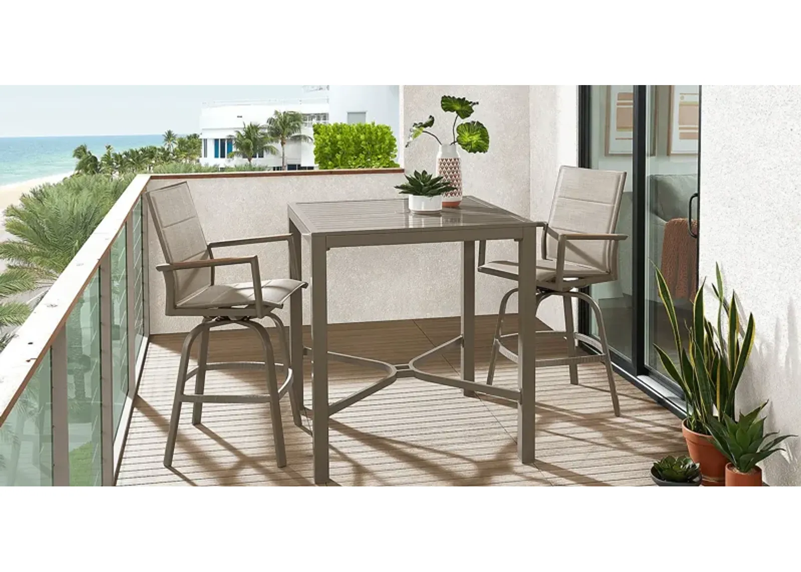 Solana Taupe 3 Pc Outdoor Bar Height Dining Set with Swivel Stools