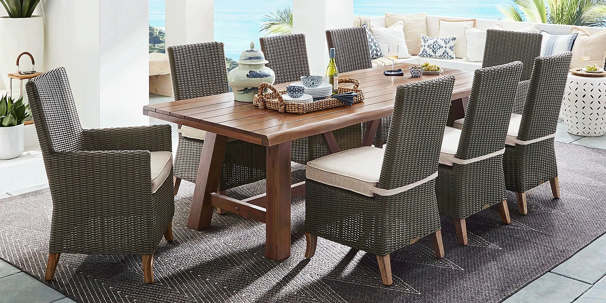 Patmos Tan 9 Pc 102 in. Rectangle Outdoor Dining Set With Twine Cushions