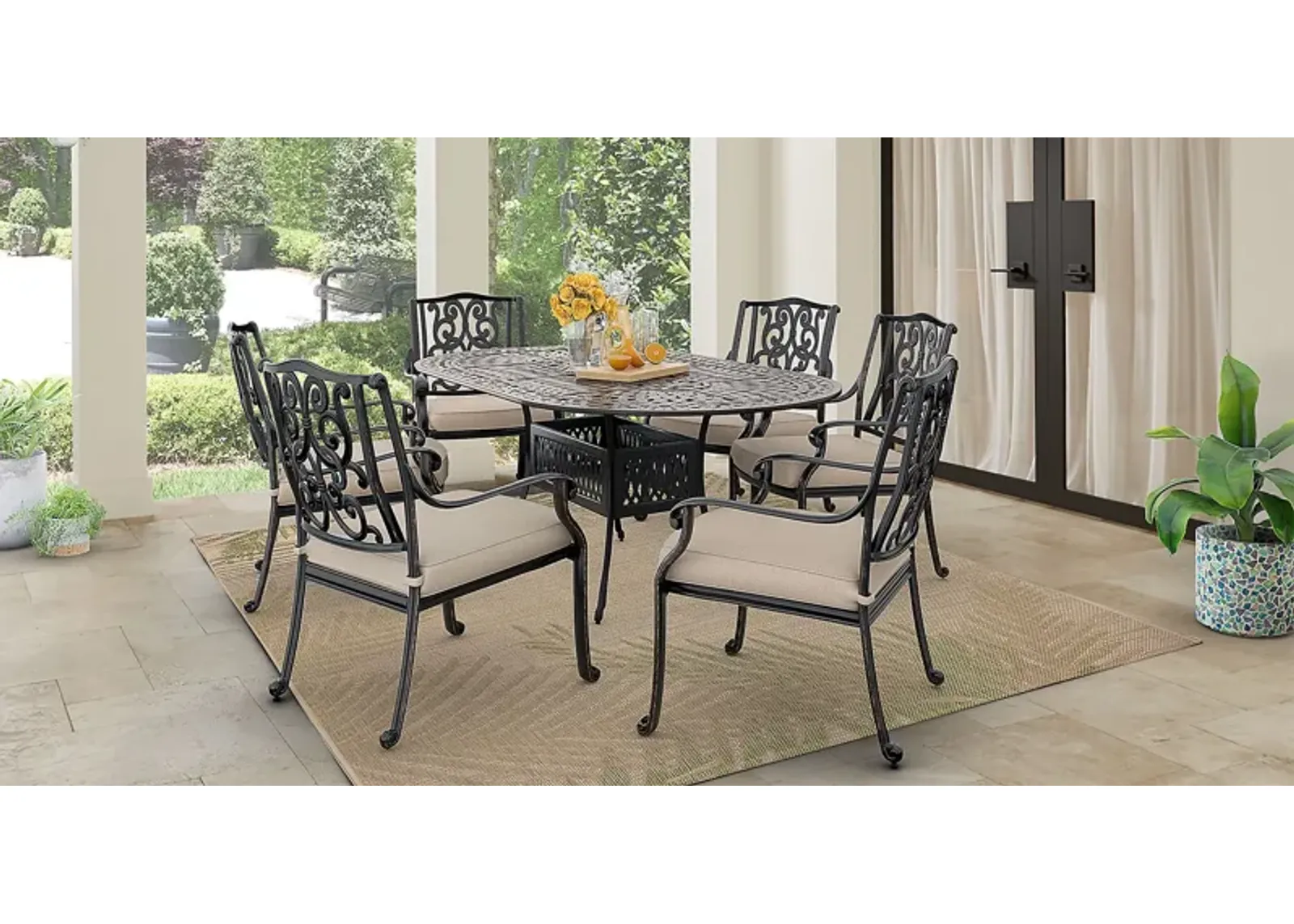 Lake Como Antique Bronze 7 Pc Oval Outdoor Dining Set with Silk-Colored Cushions