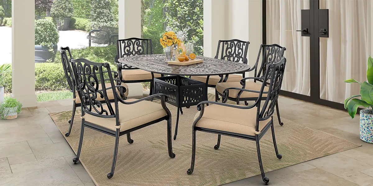 Lake Como Antique Bronze 7 Pc Oval Outdoor Dining Set with Malt Cushions