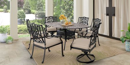 Lake Como Antique Bronze 7 Pc Oval Outdoor Dining Set with Silk-Colored Cushions