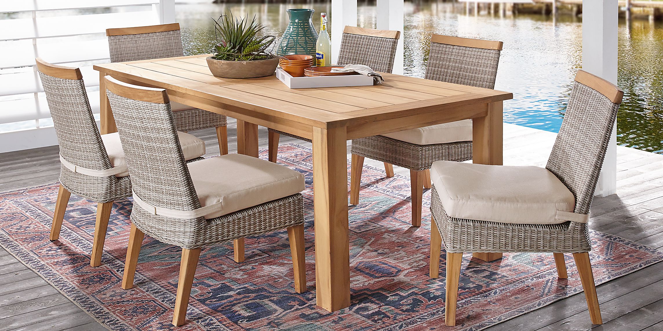 Hamptons Cove Teak 7 Pc Rectangle Outdoor Dining Set with Flax Cushions